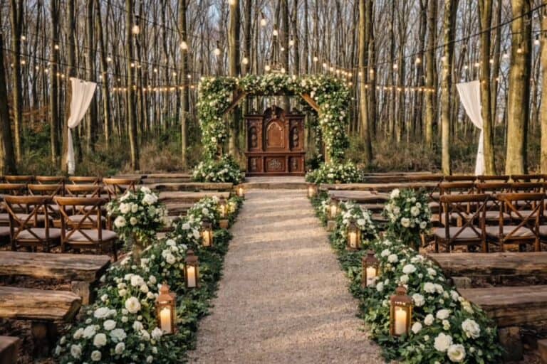 Outdoor wedding ceremony arch and aisle in the oaks at Highland Oaks Weddings and Events in Palmyra, Indiana