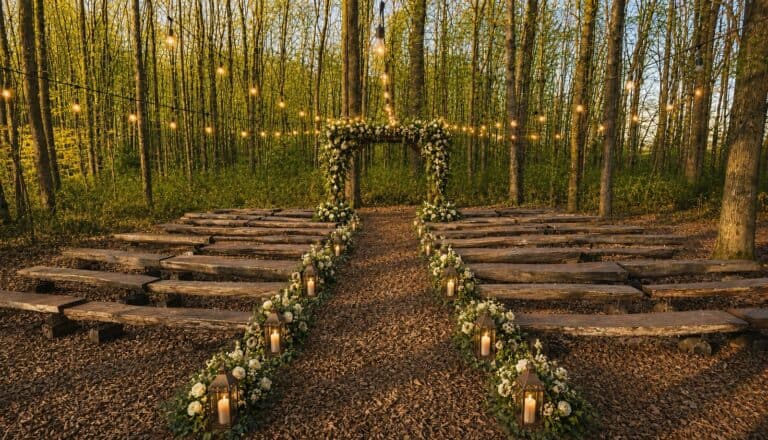 Outdoor wedding ceremony in the oaks at Highland Oaks in Palmyra, Indiana, with a floral arch, string lights, and a lantern-lined aisle in golden evening light