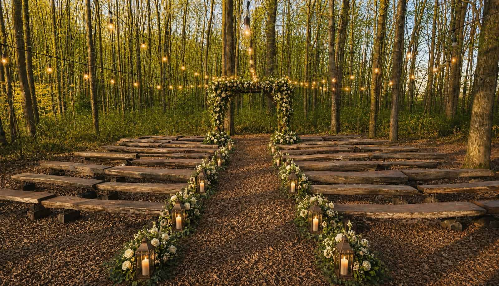 Outdoor wedding ceremony in the oaks at Highland Oaks in Palmyra, Indiana, with a floral arch, string lights, and a lantern-lined aisle in golden evening light