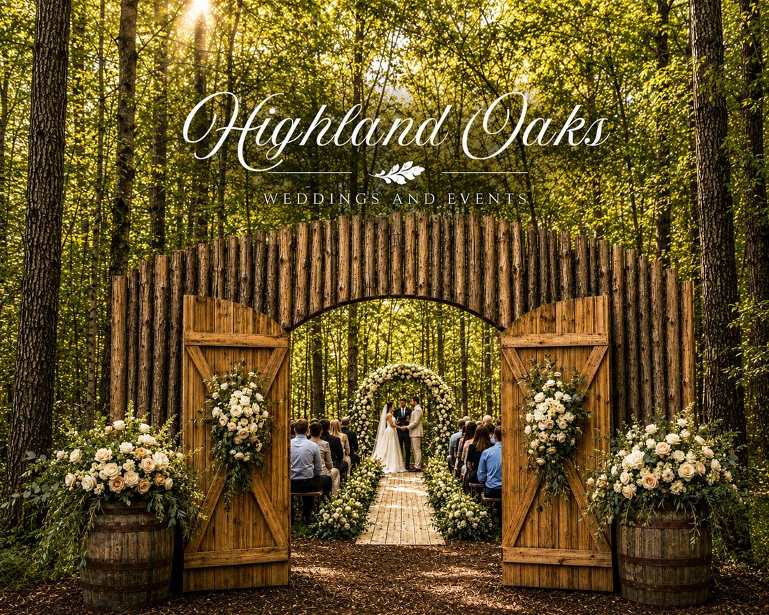 Couple saying vows at the forest ceremony gates at Highland Oaks